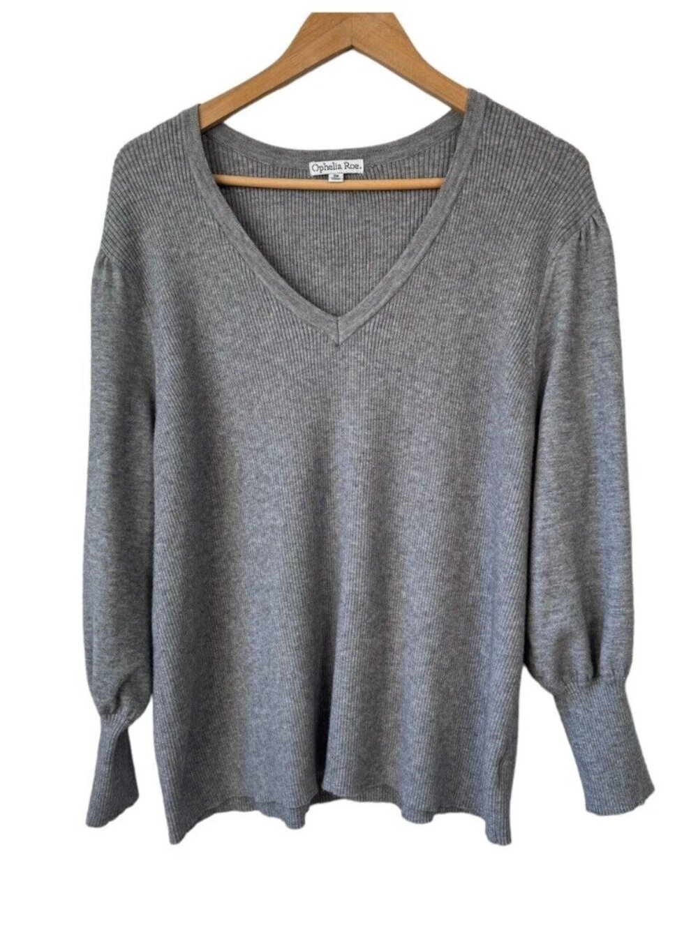 2/$30 Ophelia Roe Sweater Strechy Gray V Neck Poof Sleeve Ribbed Knit